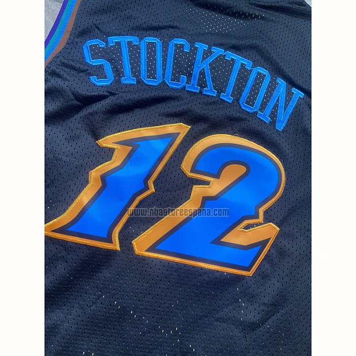 Camiseta Utah Jazz John Stockton NO 12 Mitchell & Ness 1996-97 Negro